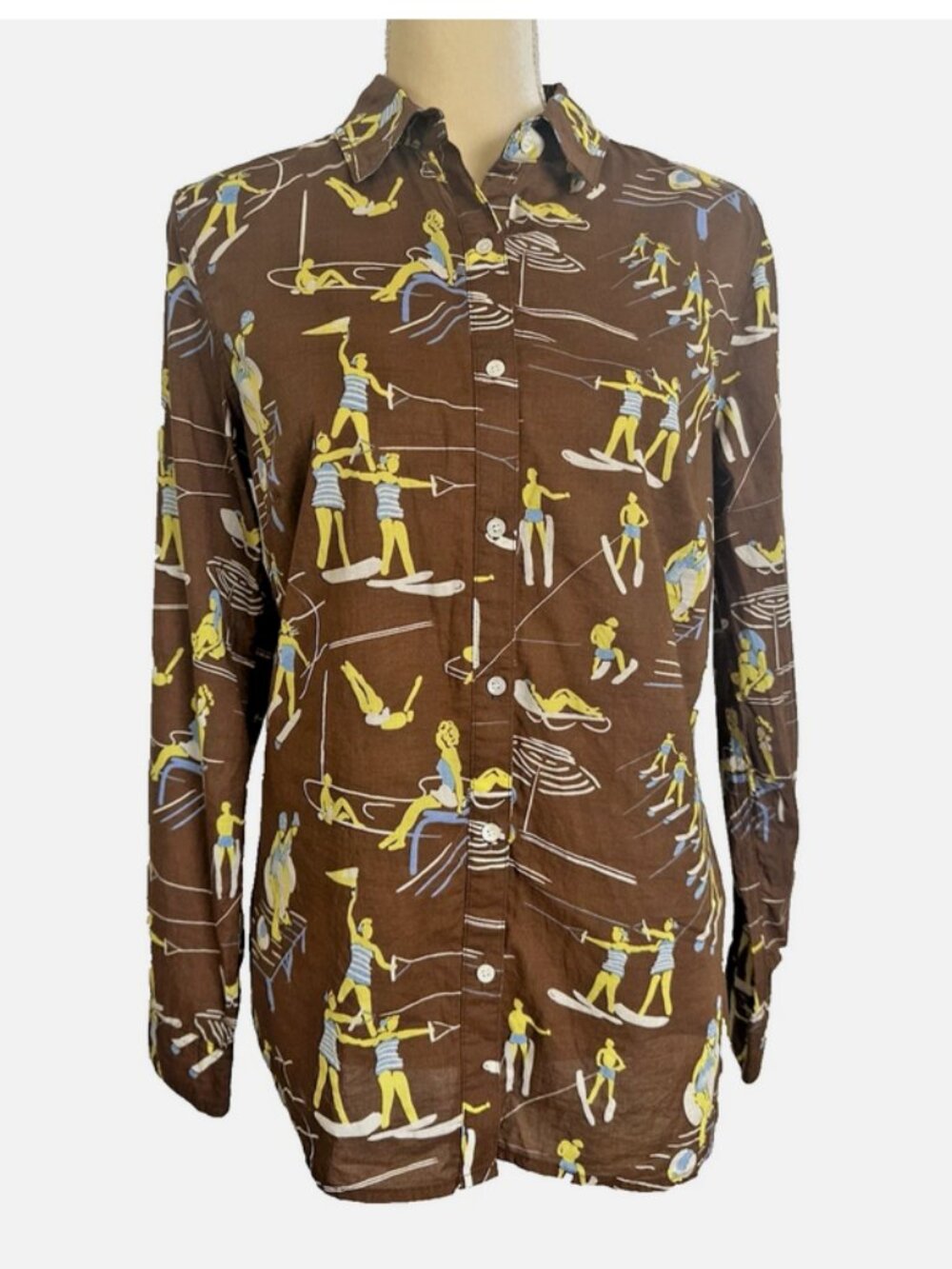J. MCLAUGHLIN Lois Shirt Size MED Brown Retro Water Ski Beach Print